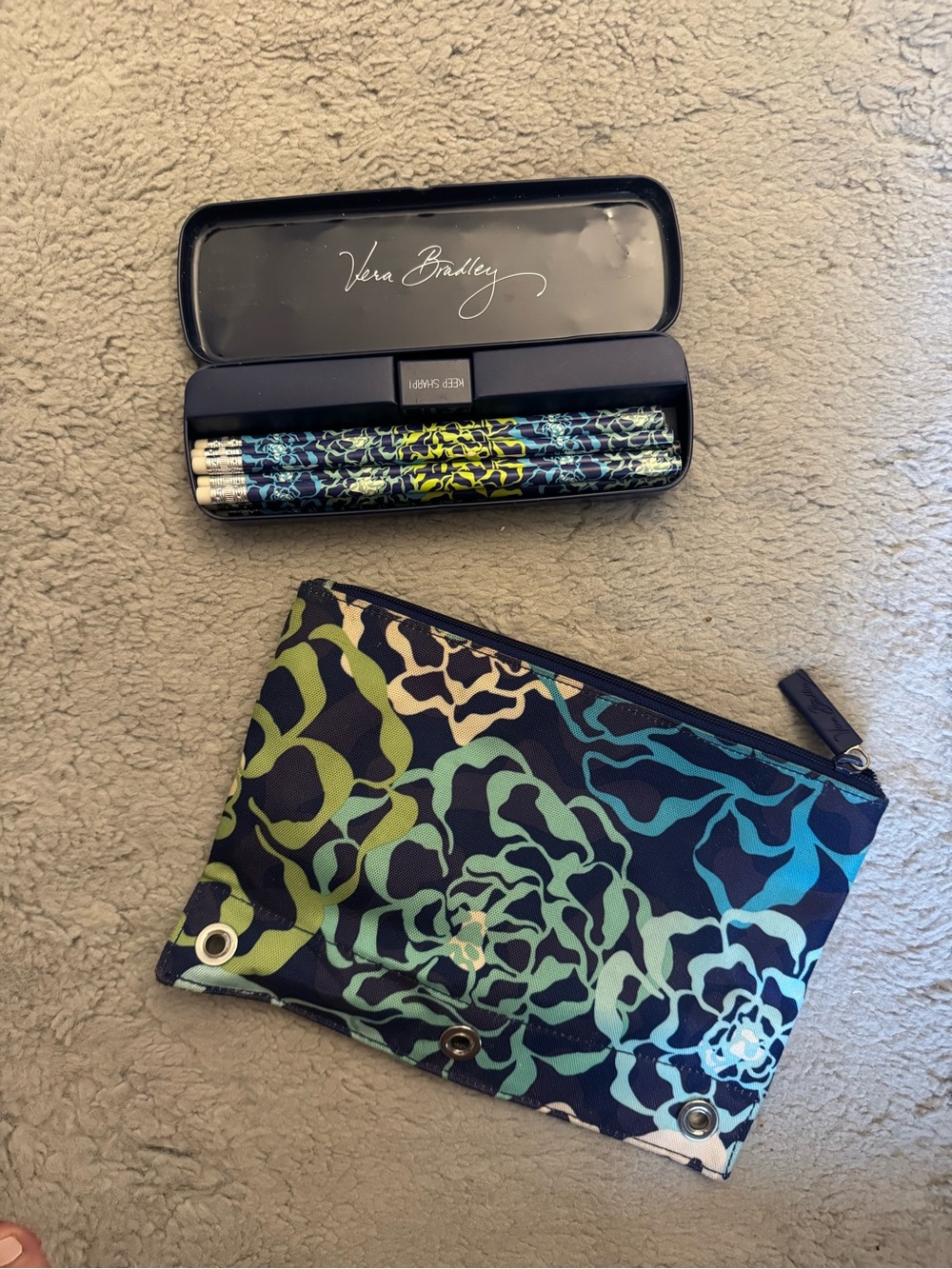 Vera Bradley Blue and Green Floral Zip Pouch with Matching Pencil Tin